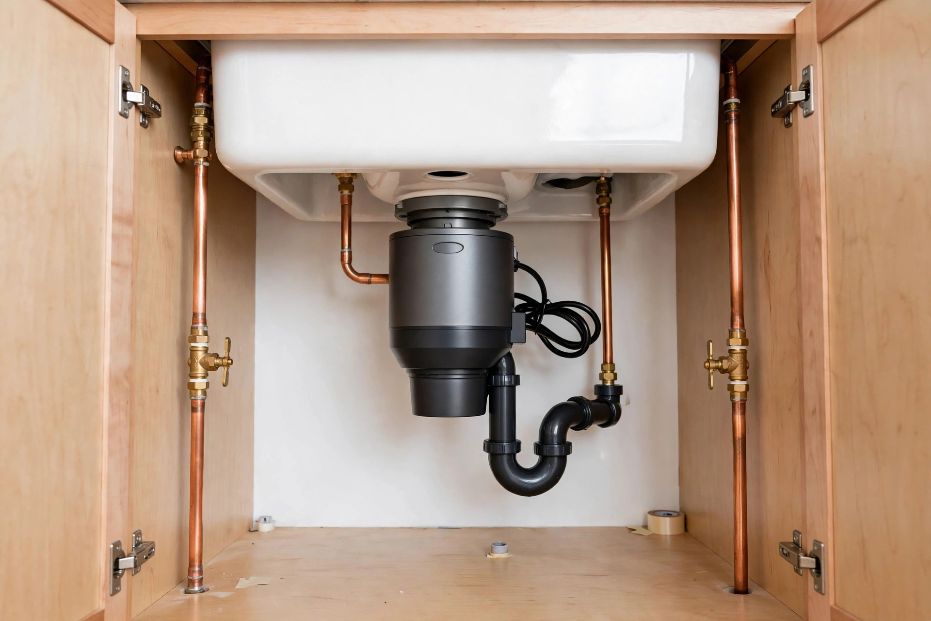Plumber installing a garbage disposal under an Austin kitchen sink